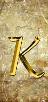 Golden letter 'K' on beige vintage floral wallpaper with sparkles.