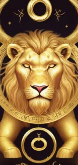 Golden lion with astrology symbols on black background, mystical wallpaper design.