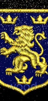 Golden lion crest embroidered on blue background.