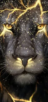 Artistic lion face with golden lightning accents as phone wallpaper.