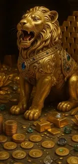 Golden lion statue surrounded by coins and jewels in opulent setting.