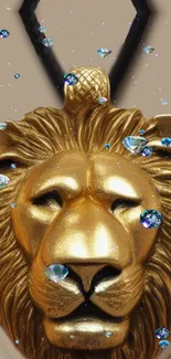 Golden lion pendant with blue gems on a mobile wallpaper.