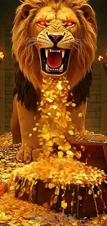 Lion with fiery eyes guarding flowing gold coins.