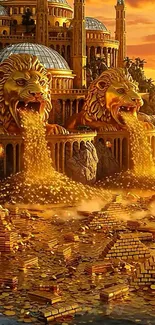 Golden lions pouring coins outside majestic fantasy palace wall