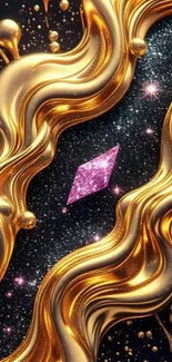 Abstract phone wallpaper with golden swirls and pink gems on a dark background.