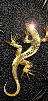 Golden lizard on a textured black background with ornate design accents.