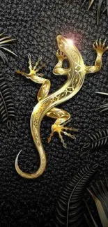 Golden lizard on a black textured background with elegant leaves.