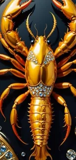 Golden lobster with jewels on black background.