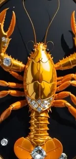 Golden lobster with jewels on black background.