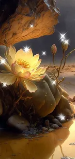 Golden lotus blooms in serene, ethereal setting.