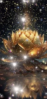 Golden lotus flower with shimmering stars and water reflection wallpaper.