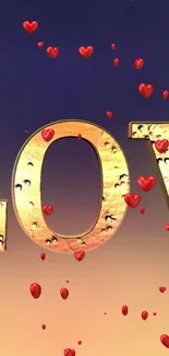 Golden 'LOVE' text with red hearts on a gradient background wallpaper.