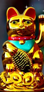 Golden Lucky Cat on grey background, symbolizing prosperity.