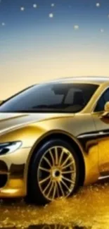 Golden luxury car in a serene evening scene.