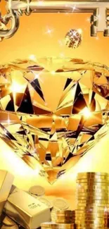 Golden diamond with coins and bars wallpaper