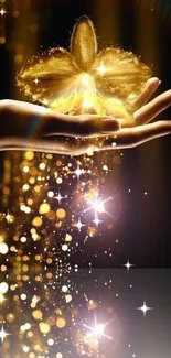 Hand releasing golden sparkles in a magical, fantasy scene.