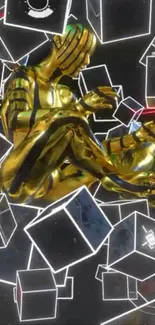 A golden humanoid amid glowing cubes in abstract art.