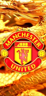 Manchester United logo with golden dragon background.