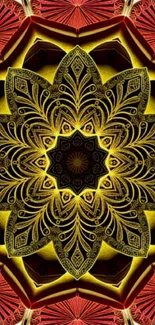 Golden mandala art wallpaper with intricate patterns and vibrant red accents.