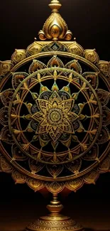 Intricate golden mandala design on a dark background for mobile wallpaper.