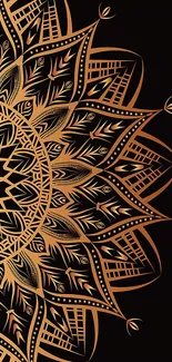 Intricate golden mandala on a black background for mobile wallpaper.