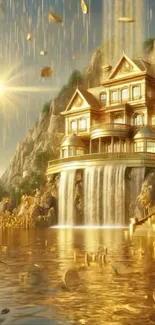 Golden mansion by a waterfall, reflecting serene luxury.