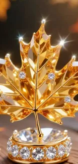 Golden maple leaf with diamonds on a wooden surface, glowing in autumn light.