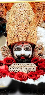 Golden mask with red roses and intricate details.