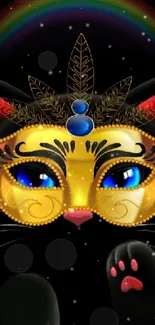 Black cat with golden mask and rainbow background.