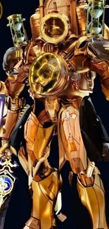 Golden mech warrior with intricate armor design.