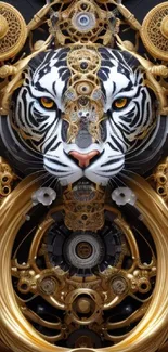 Mechanical tiger with gold gears and intricate design as mobile wallpaper.