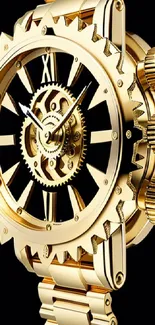 Elegant golden mechanical watch artwork on black background for phone wallpaper.