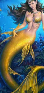 Golden mermaid in a vibrant ocean fantasy setting.