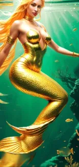 Golden mermaid fantasy wallpaper in vibrant underwater setting.