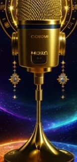 Golden microphone with cosmic galaxy background.