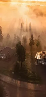 Golden sunrise over a misty, tranquil forest with cabins.