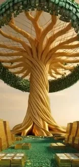 Fantasy golden money tree with stacked gold bars.