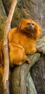 Golden monkey sitting on a tree branch, in a forest setting.