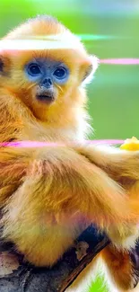 Golden monkey sitting on a tree branch with green background.