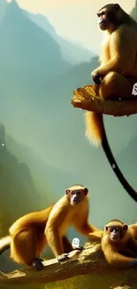 Golden monkeys perched on a scenic mountain backdrop, showcasing natural beauty.