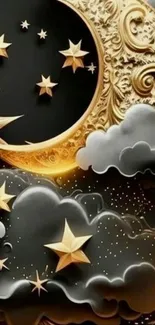 Golden moon and stars in clouds wallpaper art.