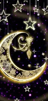 Golden crescent moon with stars on a dark purple background.