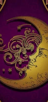 Golden moon design on a rich purple background wallpaper.