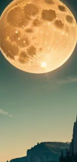 Golden moon over a tranquil mountain landscape at night.