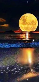 Golden moon reflecting over calm ocean waves at night.