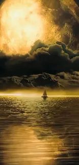 Sailboat under a golden moon with water reflection, creating a peaceful night scene.