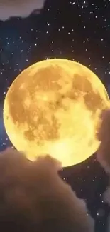 Golden full moon in a starry night sky with clouds.