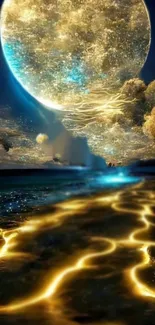 A mystical, moonlit ocean scene glowing vibrantly under a full moon.