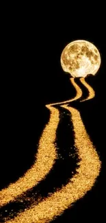 Golden path leads to luminous full moon on black wallpaper.