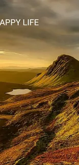 Golden mountain landscape at sunset with 'Happy Life' text